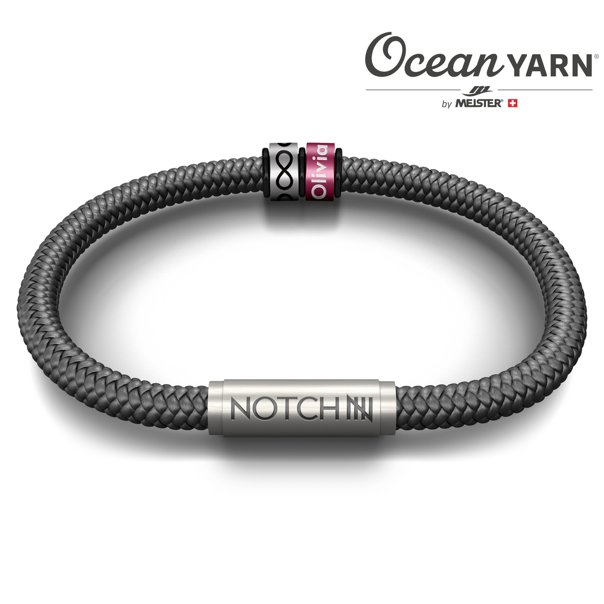 SUSTAINABLE OCEANYARN NOTCH BRACELET PLUS TWO NOTCH CHARMS